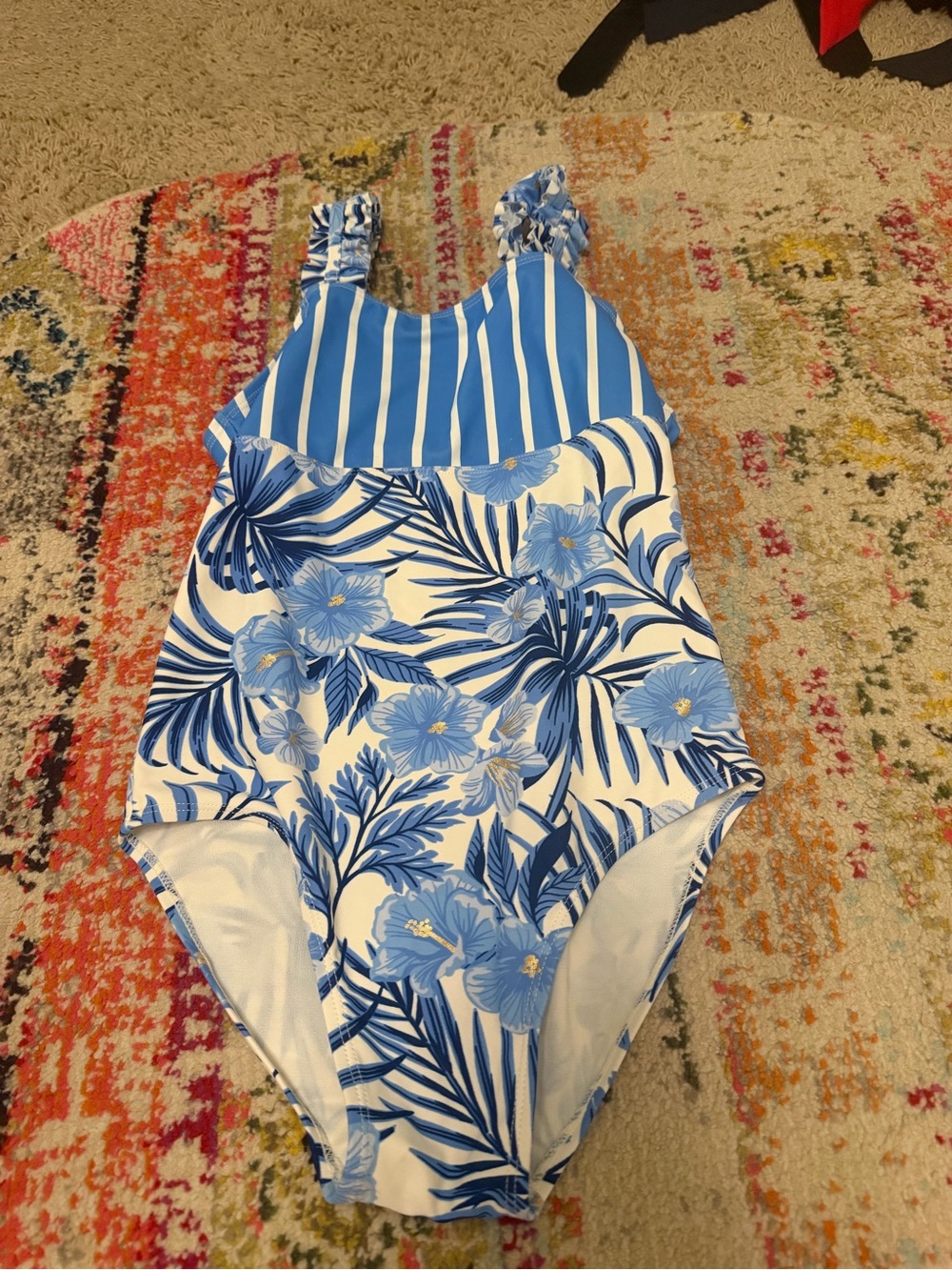 Tommy Bahama Blue and White Floral Stripe Girls One-Piece Swimsuit